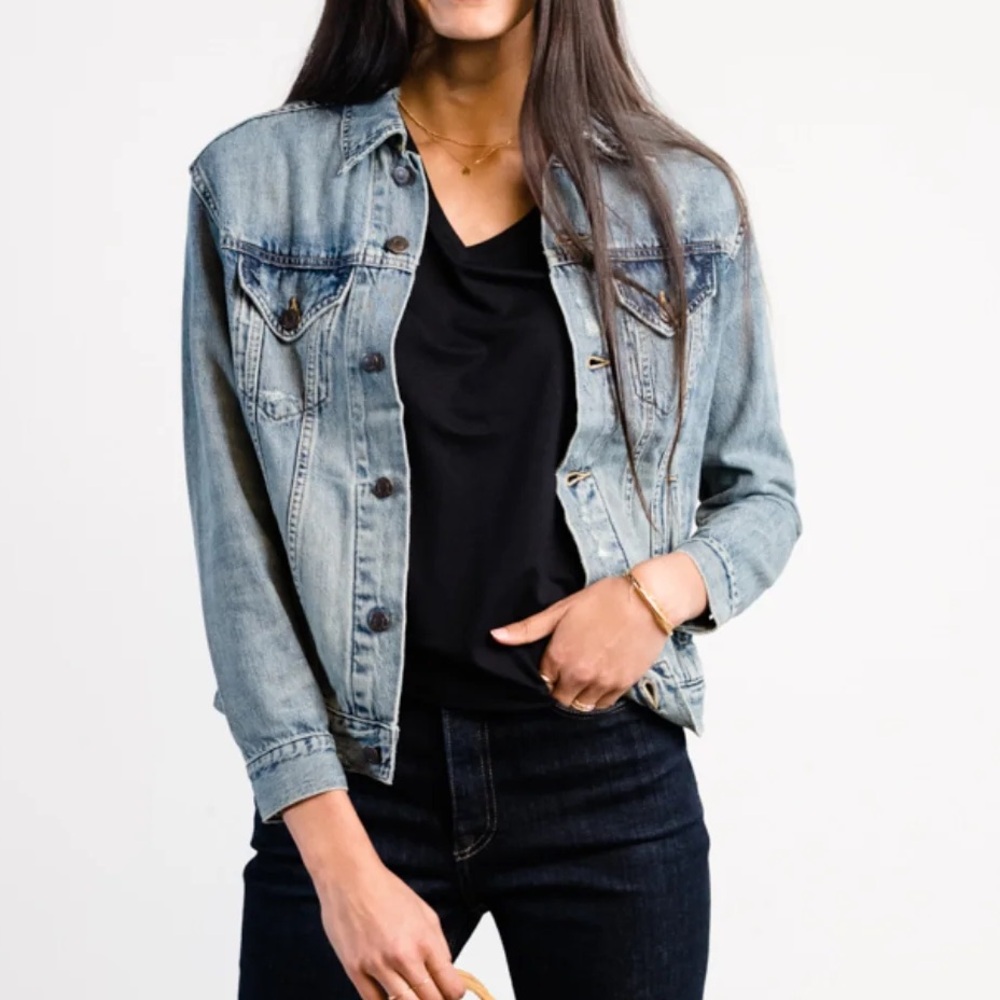 ABLE Merly Distressed Denim Jacket NWT Size Medium Light Wash